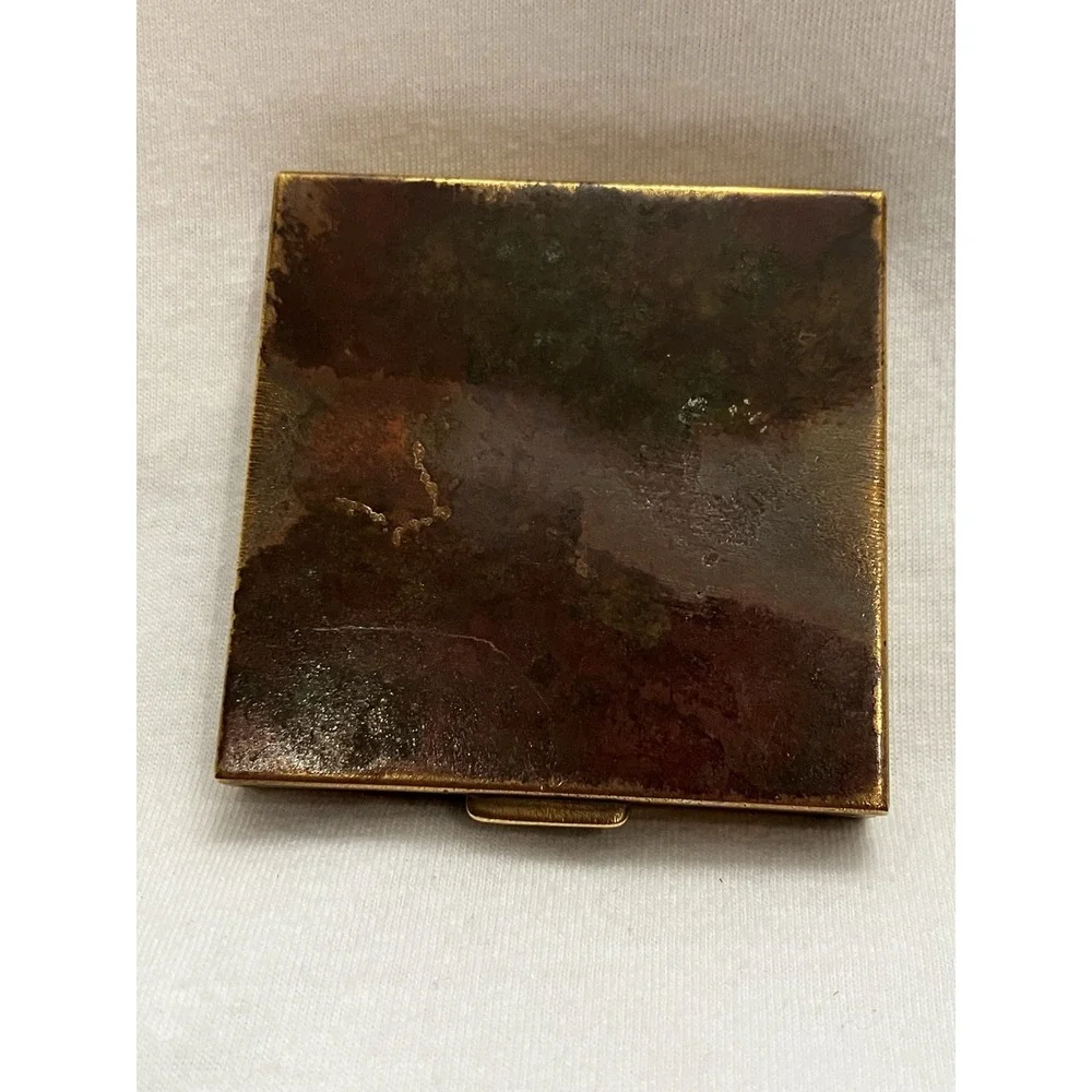 VTG Brass Art Deco Embossed Flower Pot Window Compact Purse Mirror Square